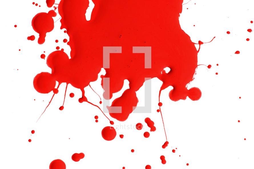 Red paint splattered on a white background.