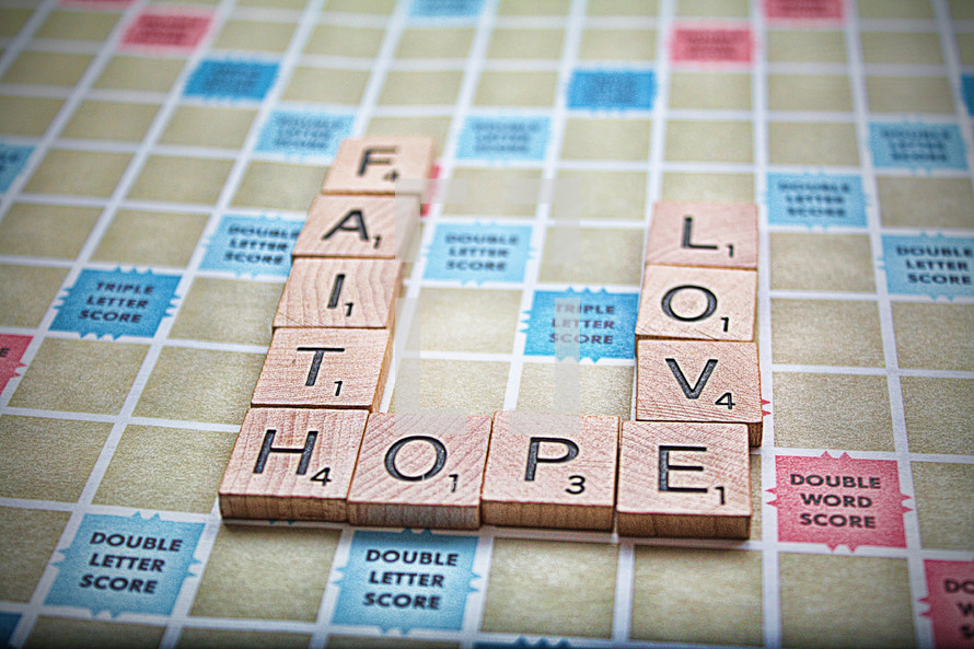 faith, hope, love, scrabble board 