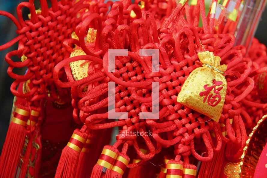 Red and yellow Chinese Lunar New Year decorations.