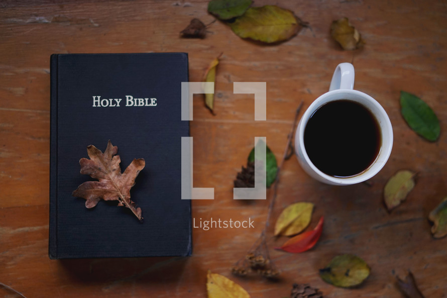 fall leaves on a Bible and mug of hot tea 