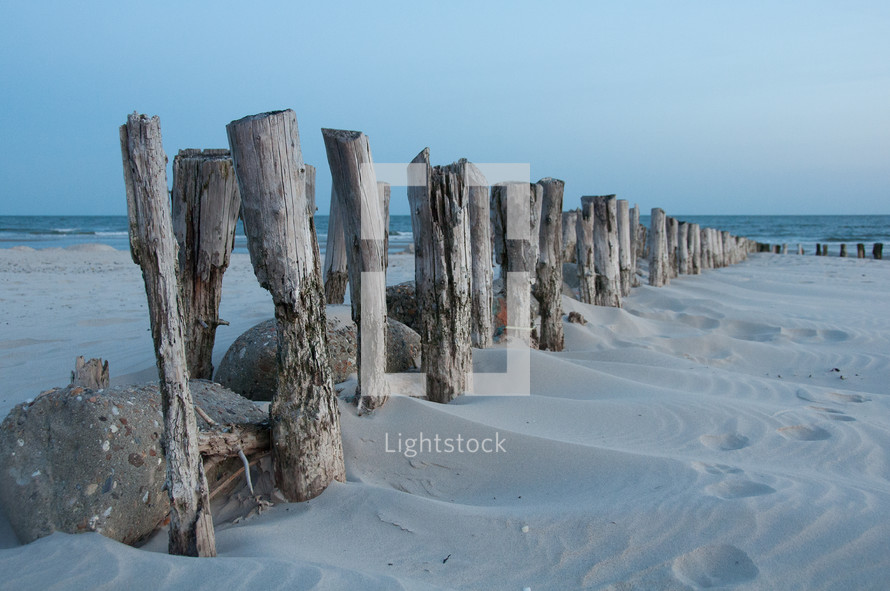 old pier pilings in the sand 