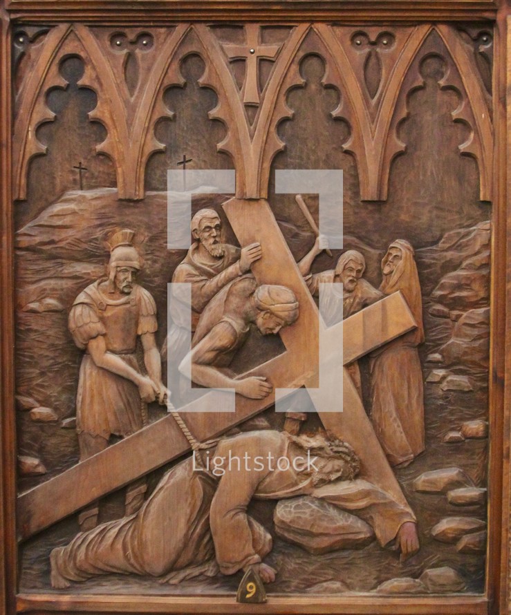 Wooden carving, stations of the cross 9, Jesus falls a third time 
