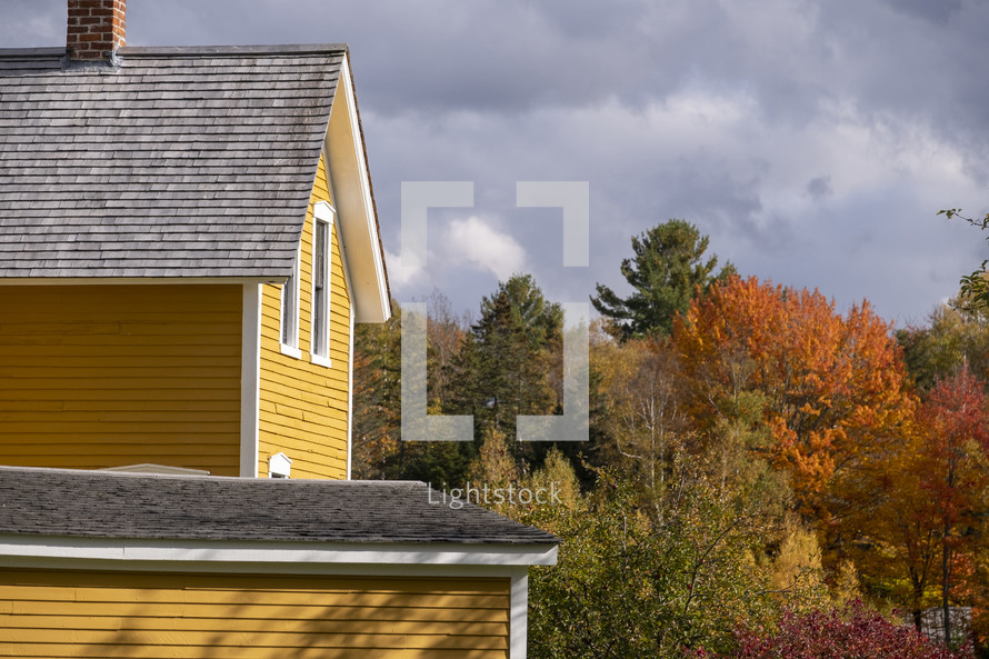 yellow house and fall trees 