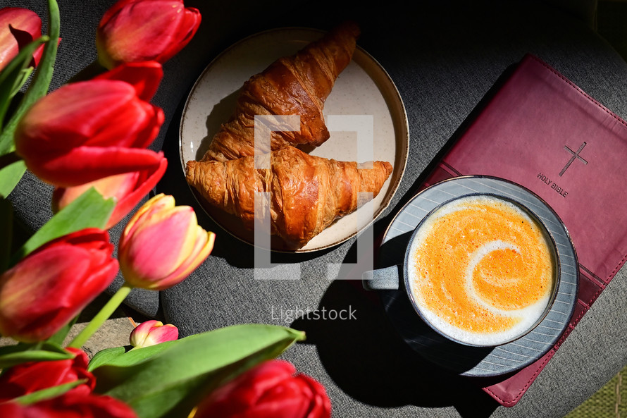 Spring Background with Tulips, Cappuccino Coffee Cup On Bible 
