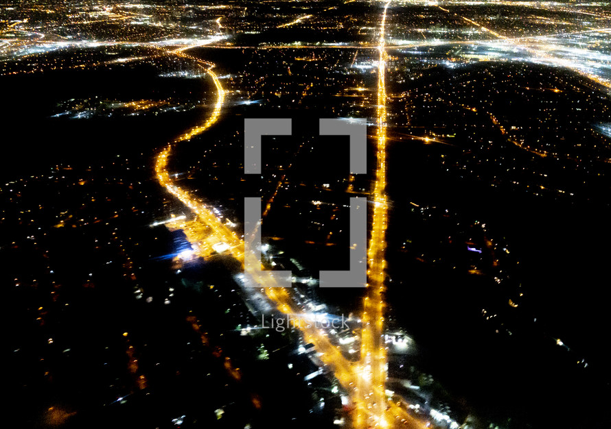 aerial view over city at night 