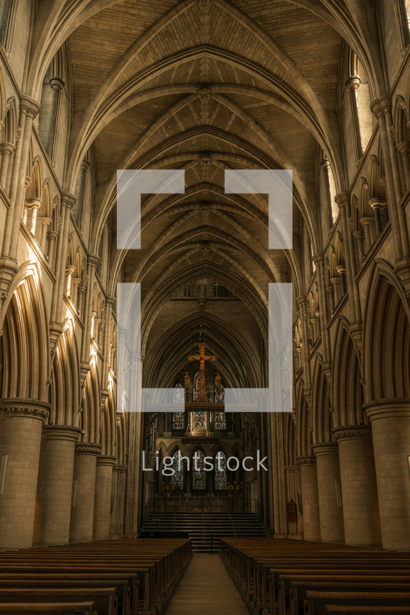 Roman Catholic Cathedral in Norwich, large church hall with pillars and stunning historic architecture