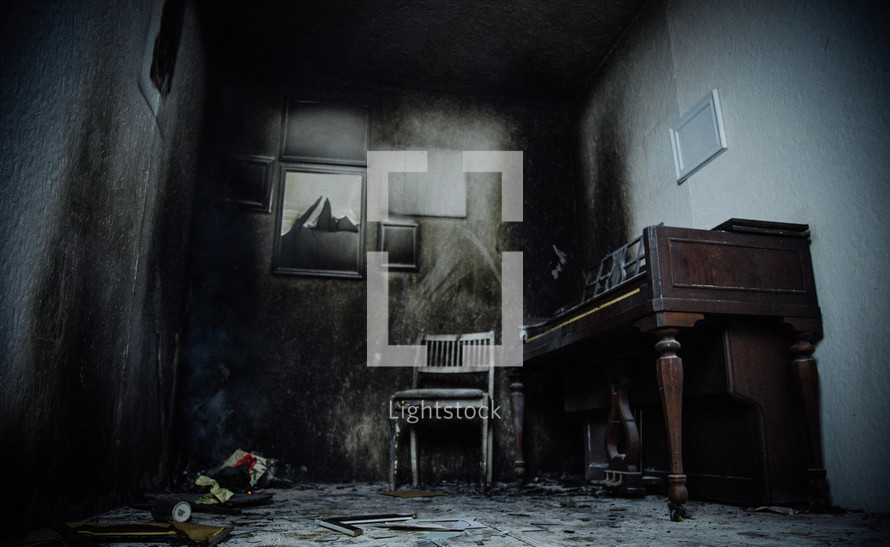 old piano in a gloomy room 