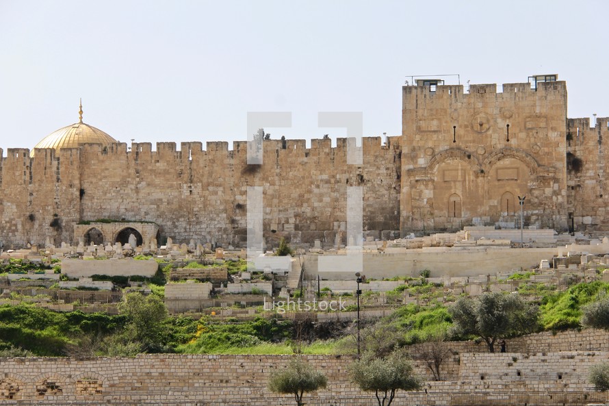 The Walls around the Old City of Jerusalem, Golden Gate and Dome of the Rock