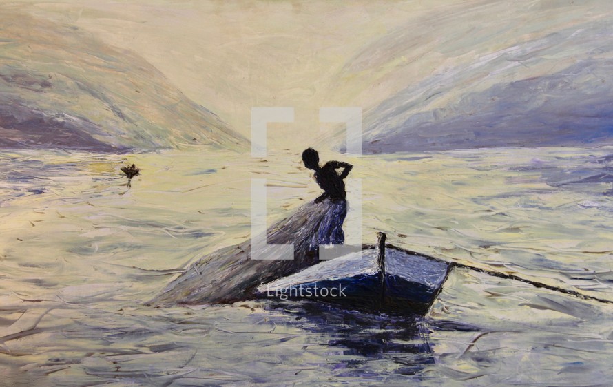 painting of a boy casting a fishing net off a boat 