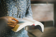 a person standing reading a Bible 