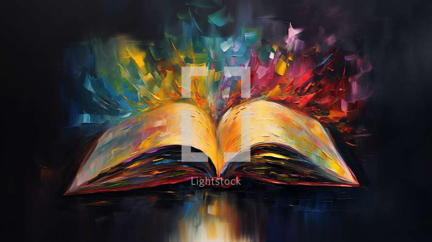 Colorful oil painting of an open book. 
