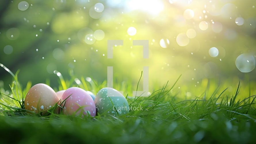  Colorful Easter eggs nestled in green grass under the bright sunlight