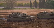 Gaza border, March 30, 2019. IDF tanks and APC's lined up in combat formation near the Gaza border.