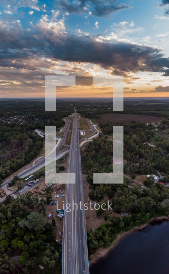 aerial view over a highway bridge