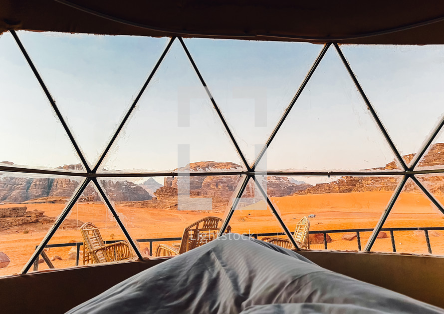 Luxury bubble tents at Wadi Rum, Valley of the Moon, Jordan. Arabian desert.