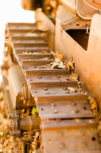 Old rusted tractor treads fall leaves