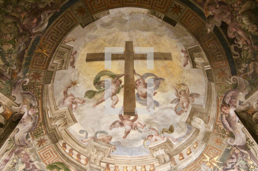 painting of angels holding a cross 
