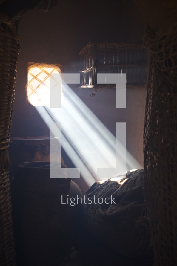 sunlight shining on a food and water in pots in a storage room during biblical times 