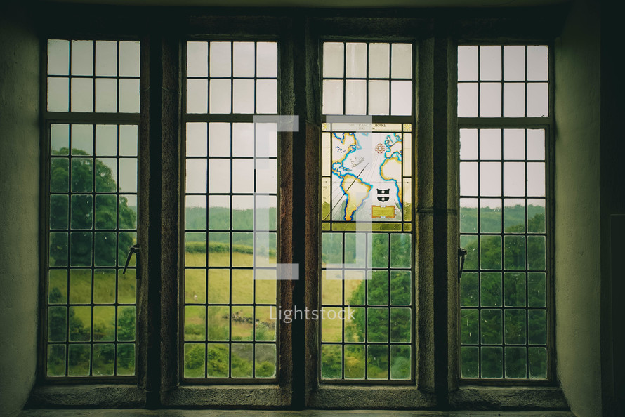 map stained glass window and window view 