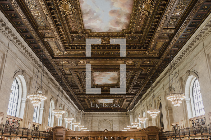 clouds painted on ceilings in a library