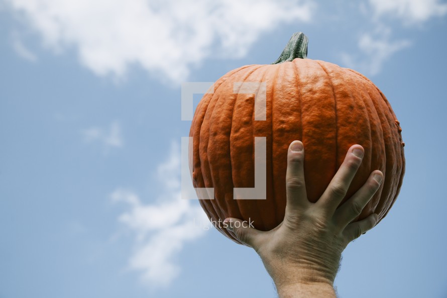 Man holding up pumpkin