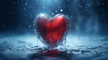 Frozen red heart on ice.