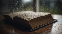 An open book getting wet in the rain. 