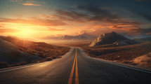 An open road with mountains and a sunset. 