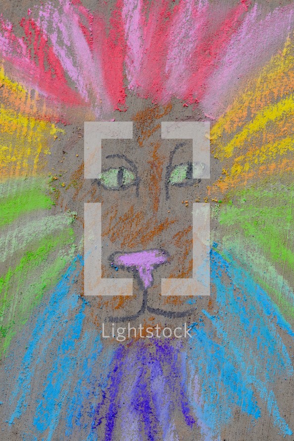 colorful lion in sidewalk chalk 