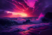 Pink Sunset with Ocean Waves