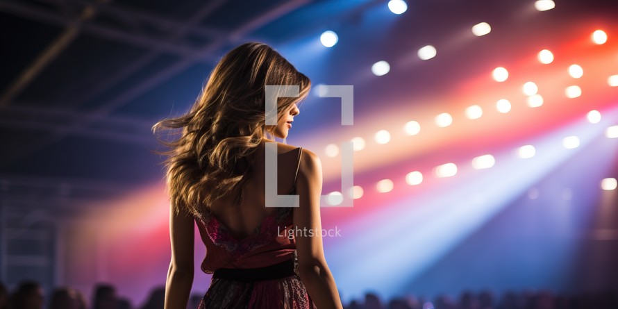 Beautiful girl in red dress dancing on stage. Rear view.