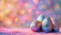 Colorful easter eggs on bokeh background with copy space