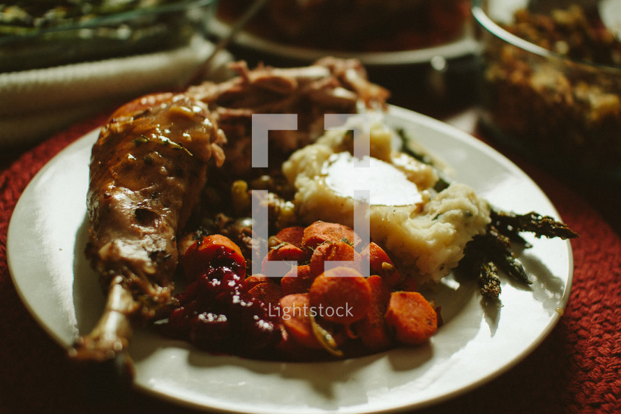 Plate of turkey dinner.