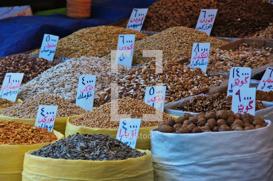 seeds, grains, and nuts at a Kurdish market