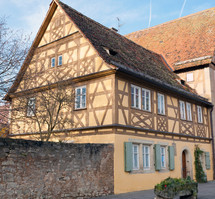 Traditional Half Timbered School in the famous medieval town of Rothenburg in Bavaria, Germany
