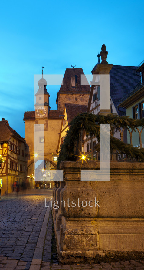 Medieval street by night in Rothenburg ob der Tauber, Germany