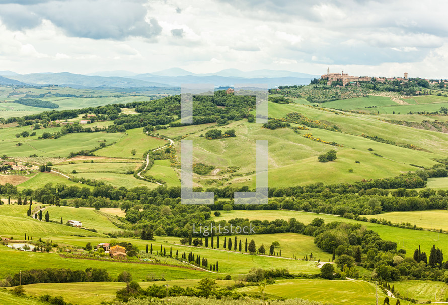 View of the town of Pienza with the typical Tuscan hills from locality of Monticchiello.