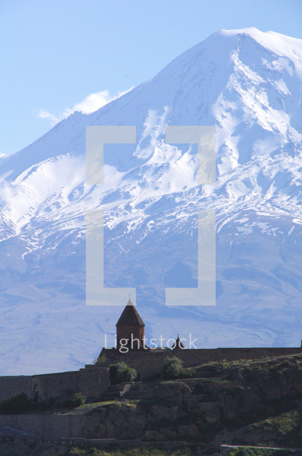 Snow capped Mt. Ararat with Khor Virap Church in foreground