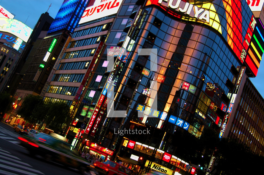 Busy Japanese city with colorful lights