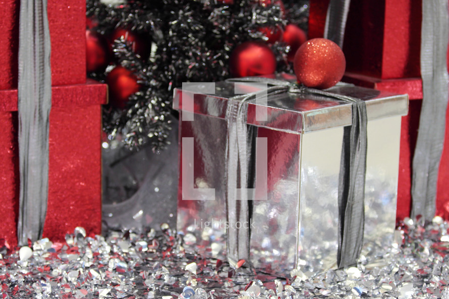 Silver and red Christmas gifts.