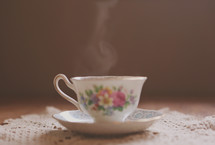 a hot cup of tea in grandma's special tea cup