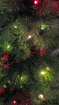 Closeup of Christmas tree branches with red and white lights.