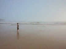 boy child standing in wet sand on a beach 