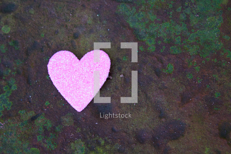 A single pink heart on a rock covered in green moss.