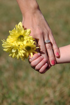 Mother and child's hands with flowers