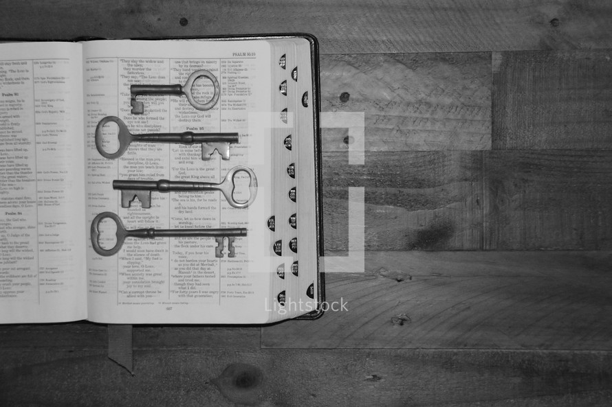 skeleton keys on the pages of a Bible 