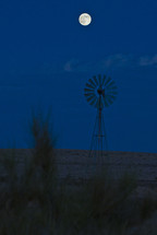 Windmill in the desert with a moonlit sky.