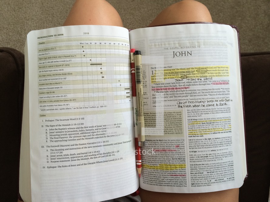 highlighted pages of a Bible, John, Bible study 