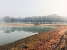 reflection of trees on pond water and morning fog 