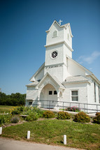 white church and steeple 